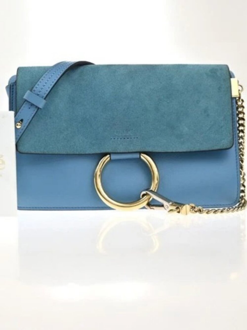 CHLOE Logo Faye Crossbody Shoulder Bag Suede Leather Blue Spain GHW 38CA694